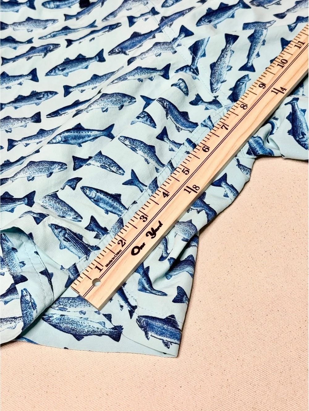 L.L.Bean Men’s Large Fish Print Swim Trunks Blue Mesh Lined Drawstring